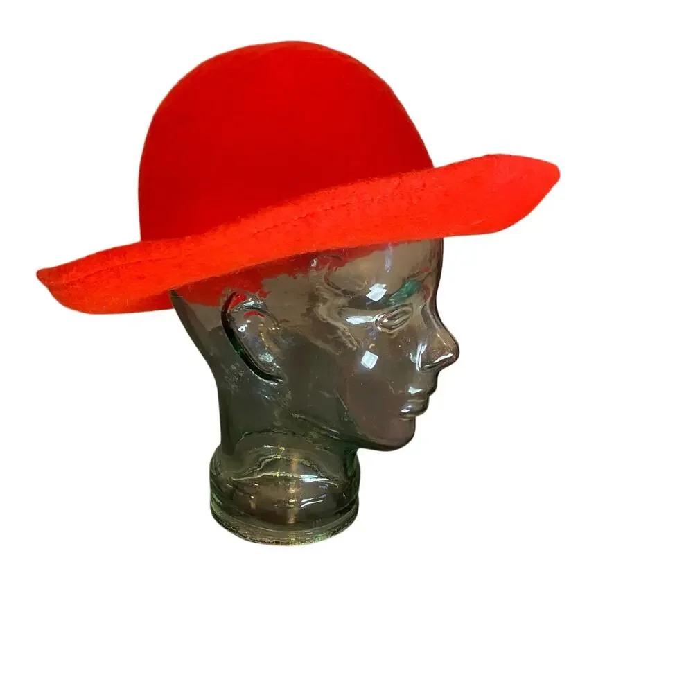 Vintage Mahara Mohair Wool Hat Red Orange Geo W Bollman Mod Fuzzy Felt USA
